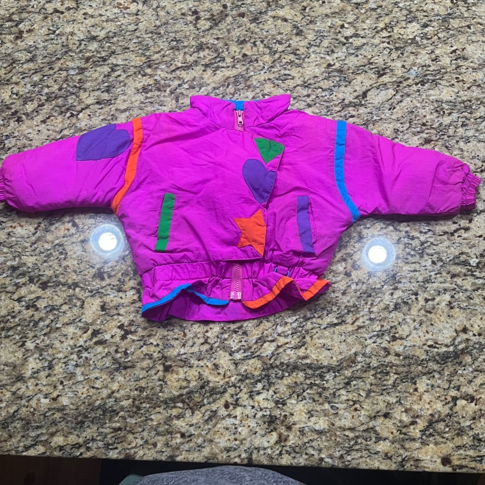 Vintage Andy Johns Girl 80s 90s Neon Pink Puffer Jacket Heart Star Size M 3